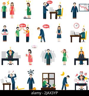 Lavoro e perdita di lavoro correlati stress e depressione sintomi di salute mentale icone impostare astratto isolato vettore illustrazione Illustrazione Vettoriale