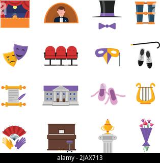 Icone di teatro impostate con simboli di scena e di prestazioni, illustrazione vettoriale isolata e piatta Illustrazione Vettoriale