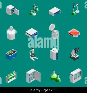 Attrezzature scientifiche da laboratorio icone isometriche con strumenti per la ricerca naturale e dispositivi altamente tecnologici illustrazione vettoriale isolata Illustrazione Vettoriale