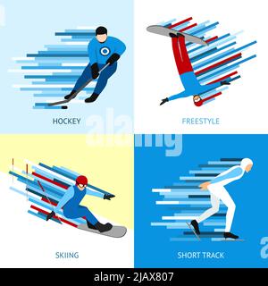 Set di concept di design per sportivi invernali con hockey freestyle, icone piatte a breve traccia, illustrazione vettoriale isolata Illustrazione Vettoriale