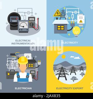 Icone del concetto di elettricità impostate con simboli di esportazione di elettricità illustrazione vettoriale piatta e isolata Illustrazione Vettoriale