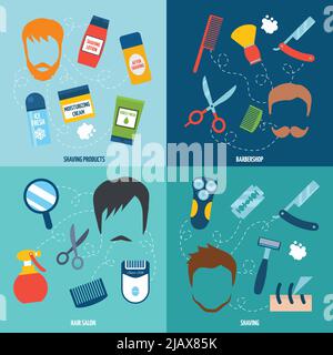 Uomo viso capelli 4 icone piatte composizione con barba baffi e accessori per la rasatura astratto isolato vettore illustrazione Illustrazione Vettoriale