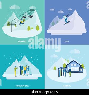 Riposo invernale attivo in montagna concetto di design insieme con le persone downHills e noleggio sci illustrazione vettoriale Illustrazione Vettoriale