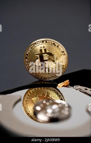 Bitcoin che si riflette sul disco rigido. Concetto di estrazione della valuta Crypto, tecnologia a catena di blocchi e concetto di archiviazione della contabilità. Foto Stock