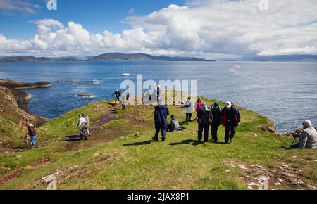 I turisti in gita di un giorno a Staffa, un'isola delle Ebridi interne ad Argyll e Bute, Scozia, Regno Unito Foto Stock