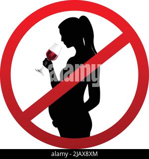 Donna incinta silhouette bere vino da vetro in stop simbolo illustrazione vettoriale Illustrazione Vettoriale