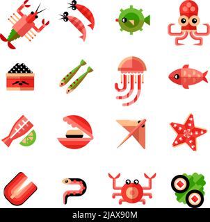 Set di icone di colore piatto di pesce con gamberi polpo sushi stelle marine e banca di caviale in stile cartoon illustrazione vettoriale isolata Illustrazione Vettoriale