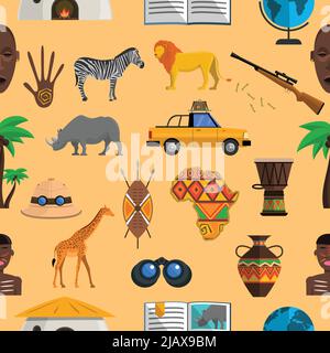 Africa modello senza giunture con attrezzatura da caccia e animale da safari illustrazione vettoriale Illustrazione Vettoriale