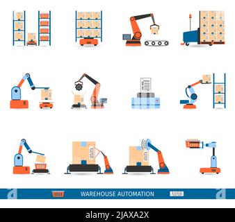 I robot di magazzino per le icone di carico e scarico impostano un'illustrazione vettoriale piatta e isolata Illustrazione Vettoriale
