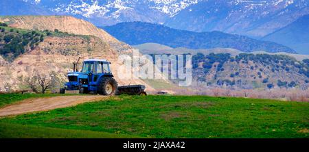 Vecchio trattore per lavorare su campi agricoli verdi con colline e montagne Foto Stock