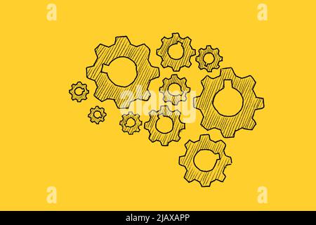 Ingranaggi rotanti a forma di cervello umano. Illustrazione su sfondo giallo. Intelligenza artificiale Foto Stock