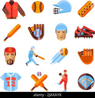 Icone di baseball insieme con attrezzatura e simboli di gioco piatta isolato illustrazione vettoriale Illustrazione Vettoriale