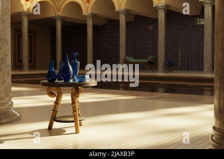 Tavolo con anfore in bagno romano. 3D rendering Foto Stock