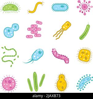 Le icone piatte di batteri e organismi microscopici di verus impostano l'illustrazione vettoriale isolata Illustrazione Vettoriale