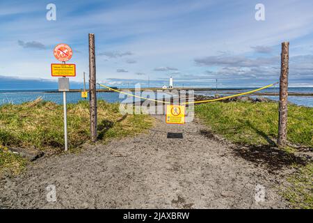 Faro dell'isola di Grótta a Seltjarnarnesbær, Islanda Foto Stock