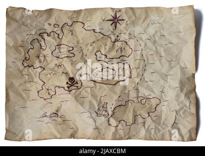 Vecchia mappa del tesoro. Mappa dei pirati sminuzzata su sfondo bianco. Foto Stock