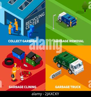 Concept di progettazione isometrico 2x2 Set di raccolta e rimozione rifiuti con carrelli e icone del centro di riciclaggio illustrazione vettoriale Illustrazione Vettoriale