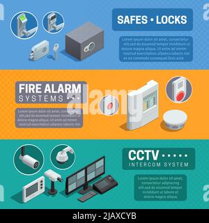 Descrizione del sistema di sicurezza domestica 3 striscioni isometrici orizzontali con cctv e allarme antincendio illustrazione vettoriale isolata astratta Illustrazione Vettoriale