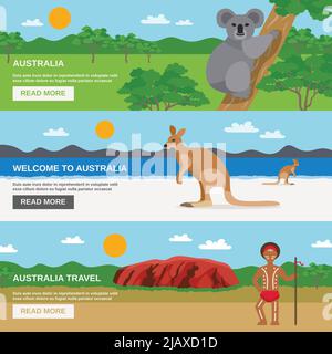 Australia viaggio banner orizzontali set con spiaggia deserto aborigeno e fauna selvatica isolato illustrazione vettoriale Illustrazione Vettoriale