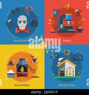 Black smith 2x2 set di strumenti di progettazione per la saldatura e lo stampaggio di macchinari e produzione di illustrazione vettoriale piatta Illustrazione Vettoriale