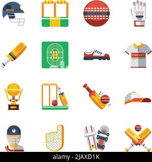 Set di icone di cricket. Illustrazione di Cricket Vector. Simboli piatti di cricket. Cricket Design Set. Cricket Elements Collection. Illustrazione Vettoriale