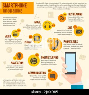 Dati infografici dello smartphone impostati con illustrazione vettoriale del telefono cellulare con la mano umana Illustrazione Vettoriale