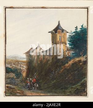 Un paesaggio montagnoso con un castello sulla scheda 23 in un album contenente schizzi di personaggi e animali, scene di genere, paesaggi gli artisti sono diversi Foto Stock