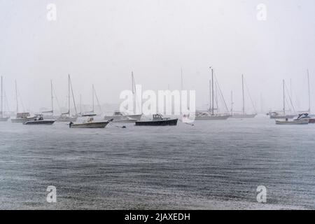 Foto di scorta di Tropical Storm Elsa da 2021 Drenching Newport, Rhode Island. Barche ormeggiate in una tempesta Aquidneck Island. Foto Stock