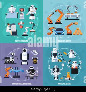 Robot icone concettuali insieme con robot industriali simboli vettoriali isolati piatti illustrazione Illustrazione Vettoriale