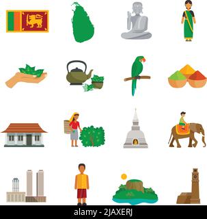 Set di icone piatte a colori dei punti di riferimento e della cultura dello Sri Lanka presenta illustrazioni vettoriali Illustrazione Vettoriale