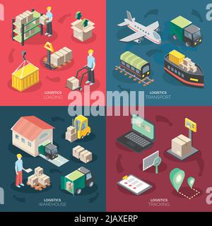 Icone di concetto logistico impostate con simboli di tracciamento e magazzino illustrazione vettoriale isometrica isolata Illustrazione Vettoriale