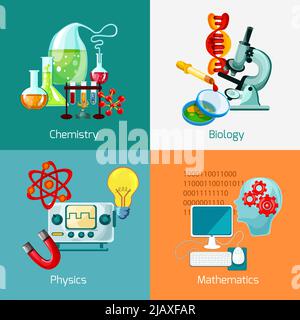 Set di concetti di progettazione scientifica con chimica biologia fisica matematica icone di matematica illustrazione vettoriale isolata Illustrazione Vettoriale