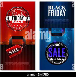 Vendita black friday banner verticali con borse ed etichette in rosso e blu illustrazione vettoriale Illustrazione Vettoriale