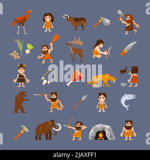 Antica collezione di icone piatte con armi da caveman cibo animali e strumenti isolato illustrazione vettoriale Illustrazione Vettoriale