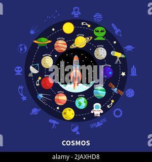 COSMOS Concept con stelle pianeti e simboli di esplorazione illustrazione vettoriale piatta Illustrazione Vettoriale