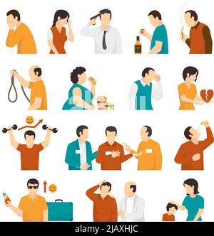 Depressione clinica e disturbi mentali segni premonitori sintomi trattamento e prevenzione icone piatte raccolta di illustrazioni vettoriali isolate Illustrazione Vettoriale