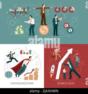 Finanziatori investitori per successo startup idee di business concept flat icone e banner combinazione poster isolato illustrazione vettoriale Illustrazione Vettoriale