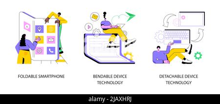 Elettronica moderna concetto astratto vettore illustrazione set. Smartphone pieghevole, tecnologia dei dispositivi pieghevoli e rimovibili, elettronica modulare, design del telefono, metafora astratta con display flessibile. Illustrazione Vettoriale