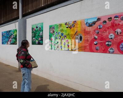 Donna che guarda l'arte pubblica sul New Fish Market Wall, Brixham, Devon, Regno Unito Foto Stock