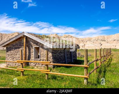 Cabina storica in pianura al parco geologico di Toodstool vicino a Crawford Nebraska USA Foto Stock