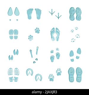 Footprint di colore blu ghiaccio su sfondo bianco con impronte di varie calzature e zampe illustrazione vettoriale Illustrazione Vettoriale