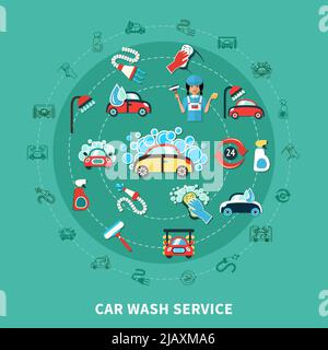 Composizione rotonda con cartoni animati decorativi icone di lavaggio auto in sapone flakes detergenti e attrezzature illustrazione vettoriale Illustrazione Vettoriale