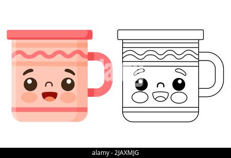 Colorazione per bambini. Tazze rosa Kawaii. Contorno bianco e nero Illustrazione Vettoriale