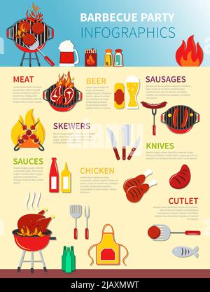 Infografiche barbecue party disegnando diverse icone di cibo e bevande illustrazione vettoriale Illustrazione Vettoriale