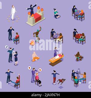 Abilità paranormali insieme isometrico con predizione ipnotismo voodoo e meditazione guaritore su sfondo blu illustrazione vettoriale isolata Illustrazione Vettoriale