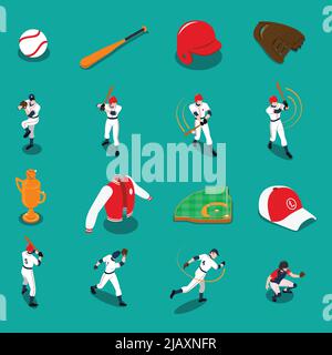 Baseball Set di icone isometriche con equipaggiamento sportivo dei giocatori e trofeo su sfondo turchese illustrazione vettoriale isolata Illustrazione Vettoriale