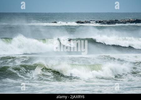 Stock foto di tempesta tropicale Henri nel 2021, Newport, RI. Stock foto di uragano. Stock foto di tempo estremo. Surfisti in uragano. Foto Stock