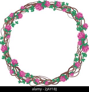 Corona di fiori rosa trifoglio. Telaio rotondo, pianta luminosa carina con foglie di shamrock. Decorazioni natalizie per matrimoni, feste, cartoline, poster e design. Illustrazione piatta vettoriale Illustrazione Vettoriale