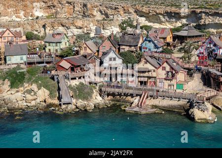 Il parco tematico Popeye Village, Malta Foto Stock