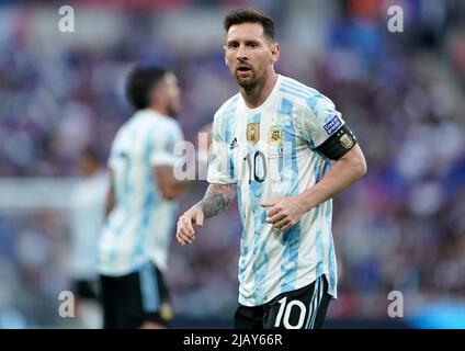 Lionel messi in Argentina durante la partita Finalissima 2022 al Wembley Stadium di Londra. Data foto: Mercoledì 1 giugno 2022. Foto Stock